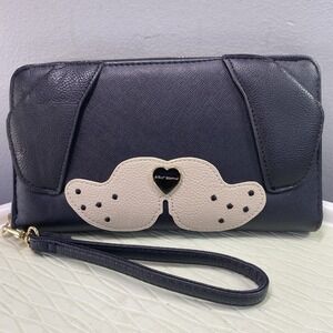 Betsey Johnson Wristlet-Womens Puppy Dog Wallet Zip Around Black/Tan/Pink NWOT